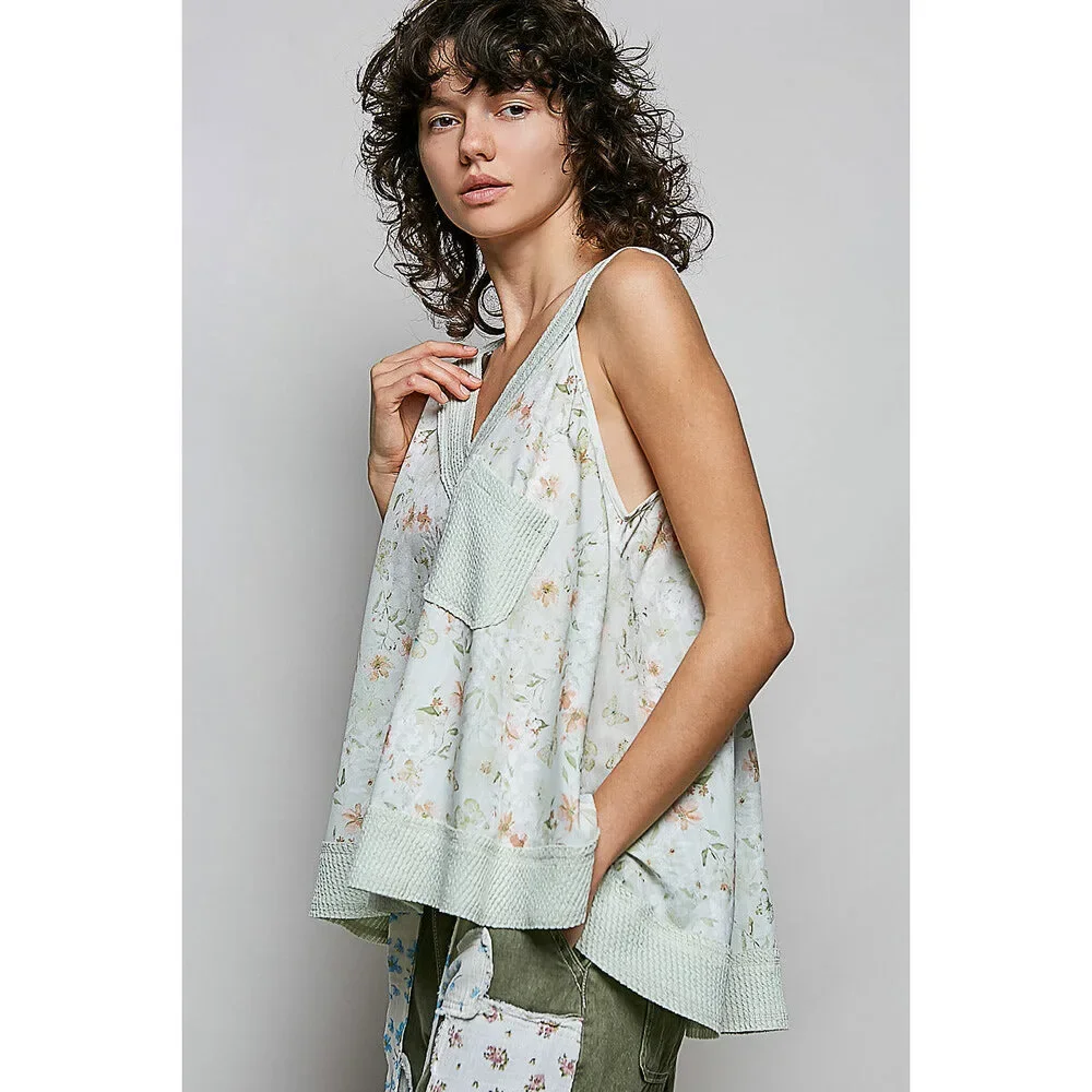 POL Floral V-Neck Tank with Front Pocket